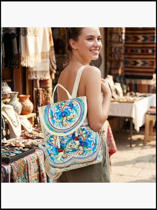 Embroidered Floral Boho Mini Backpack Lightweight Canvas Daypack Casual Travel main image 6